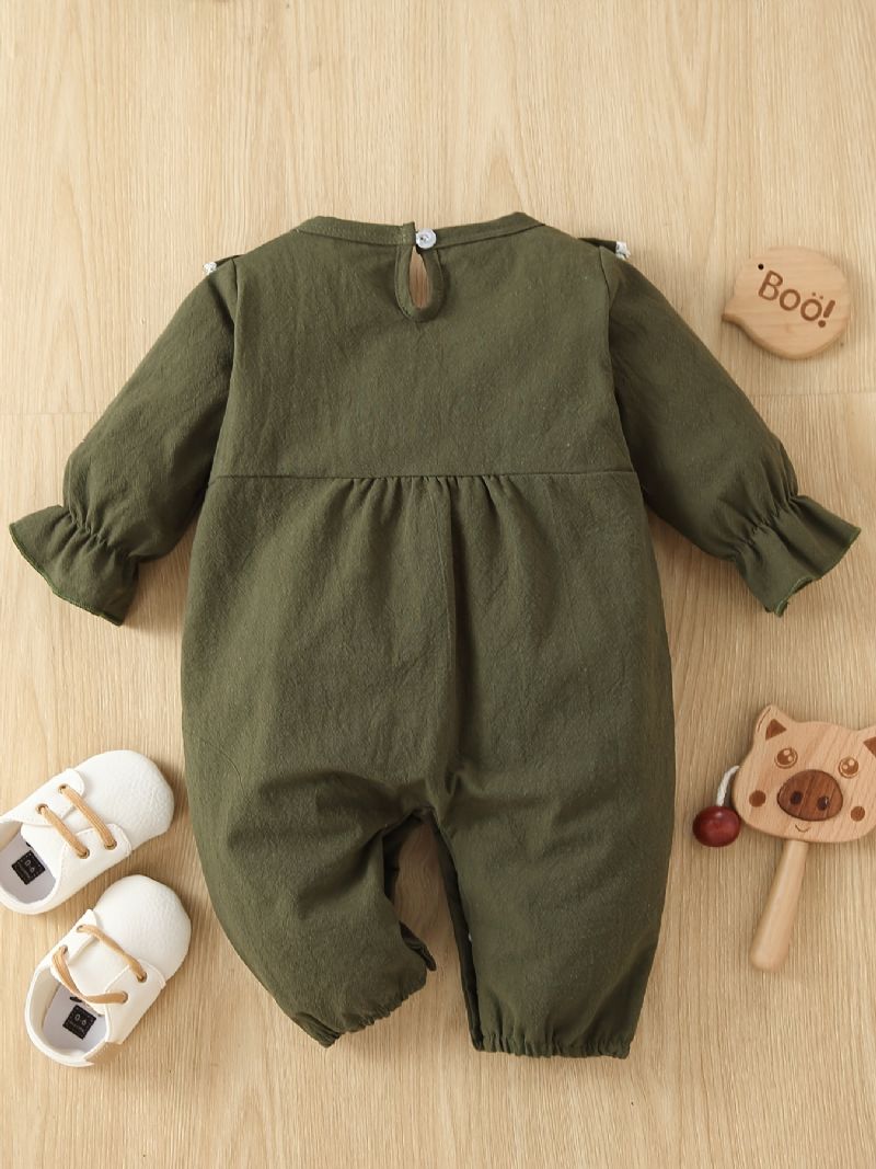 Småbarn Baby Jenter Jumpsuit Ensfarget Ruffle Trim Blonde Rund Hals Langermet Romper