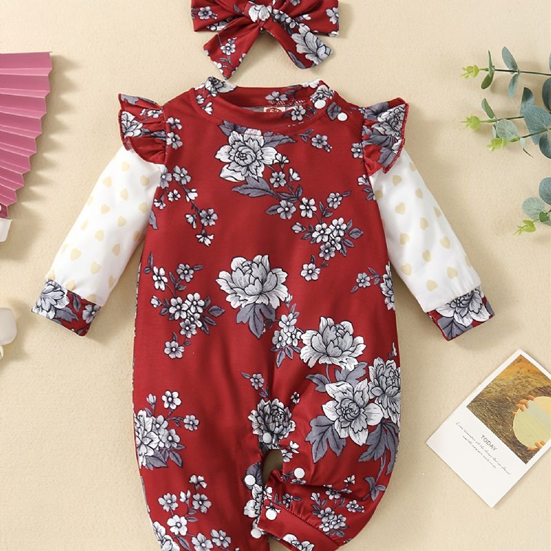 Småbarn Baby Jenter Jumpsuit Ruffle Langermet Rompers Med Blomstertrykk & Pannebånd Sett