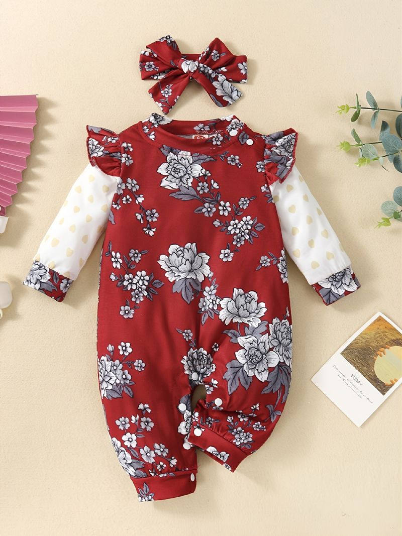 Småbarn Baby Jenter Jumpsuit Ruffle Langermet Rompers Med Blomstertrykk & Pannebånd Sett