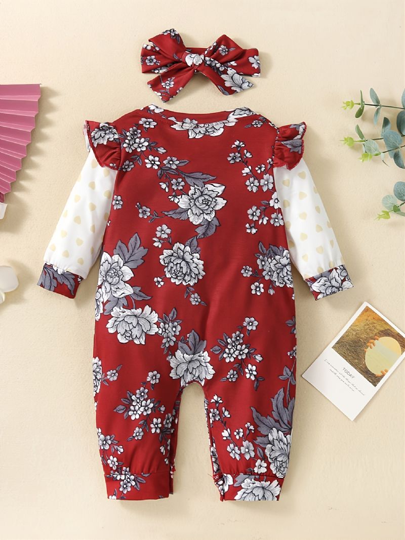 Småbarn Baby Jenter Jumpsuit Ruffle Langermet Rompers Med Blomstertrykk & Pannebånd Sett