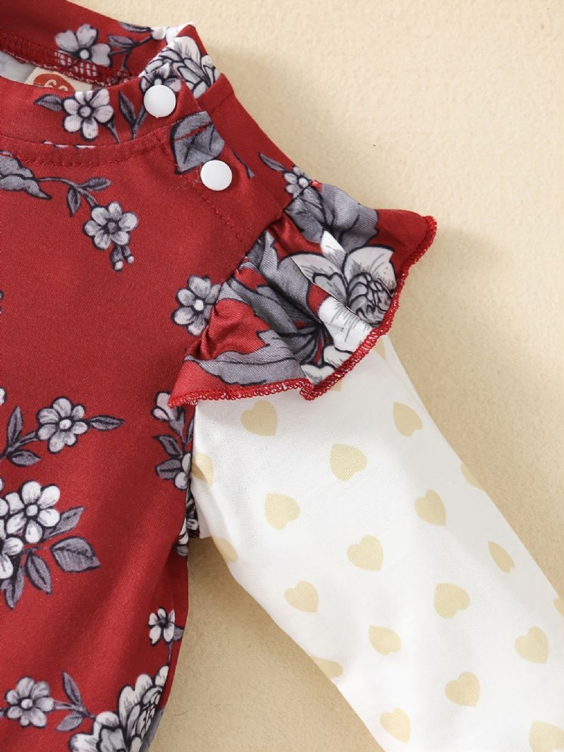 Småbarn Baby Jenter Jumpsuit Ruffle Langermet Rompers Med Blomstertrykk & Pannebånd Sett