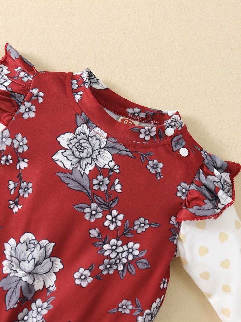 Småbarn Baby Jenter Jumpsuit Ruffle Langermet Rompers Med Blomstertrykk & Pannebånd Sett