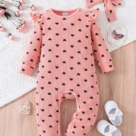 Småbarn Baby Jenter Jumpsuit Trykt Fersken Hjerte Rund Hals Langermet Romper