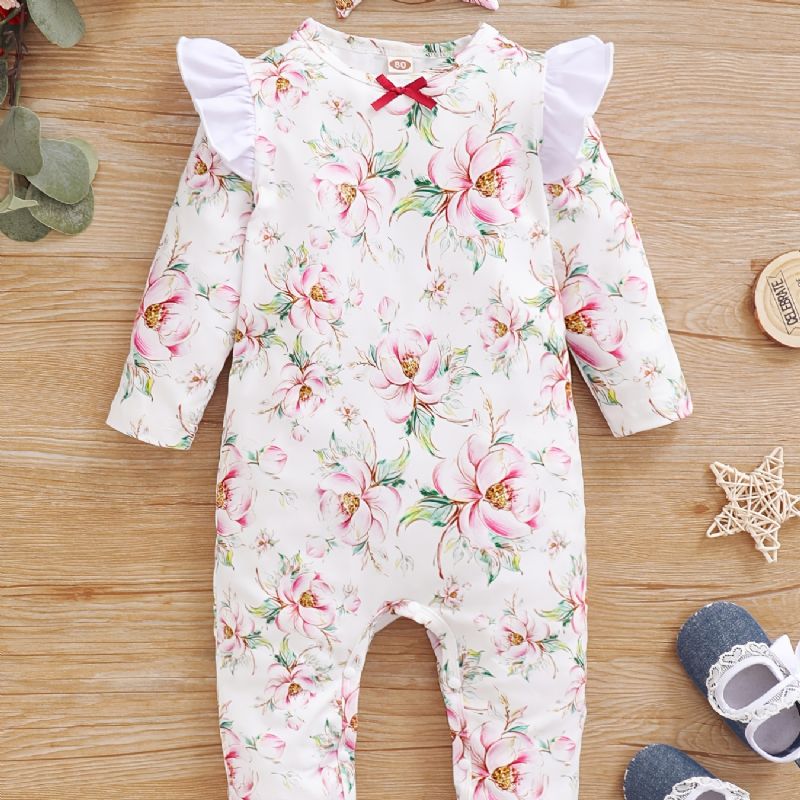 Småbarn Baby Jumpsuit Blomster Print Rundhals Langermet Fluermet Romper & Sløyfe Pannebånd For Jenter