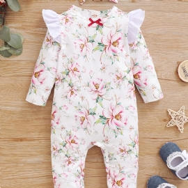 Småbarn Baby Jumpsuit Blomster Print Rundhals Langermet Fluermet Romper & Sløyfe Pannebånd For Jenter