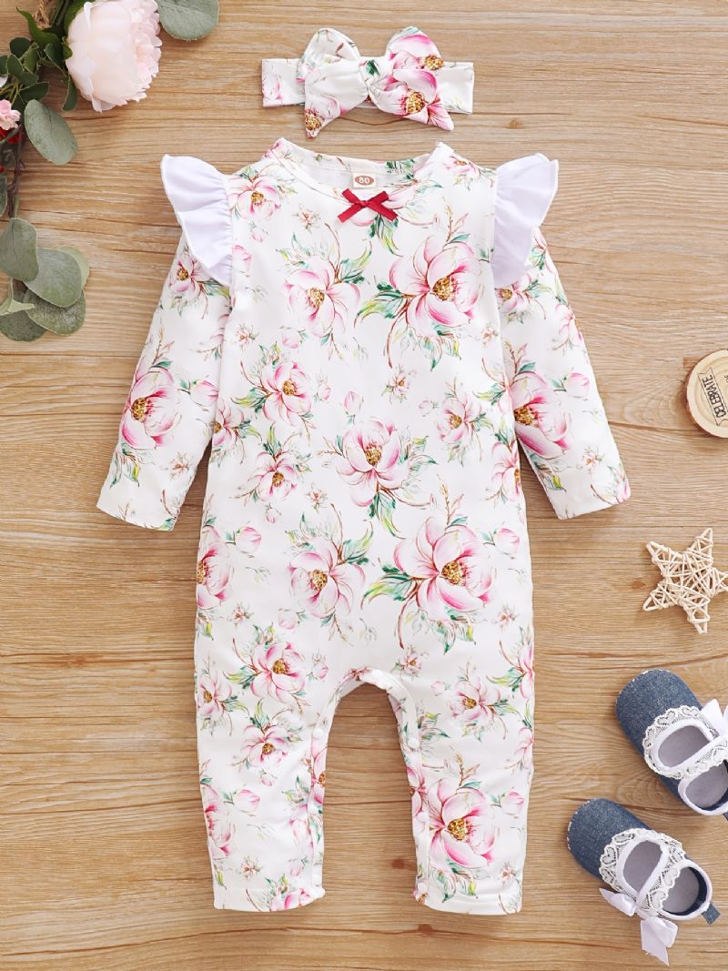 Småbarn Baby Jumpsuit Blomster Print Rundhals Langermet Fluermet Romper & Sløyfe Pannebånd For Jenter