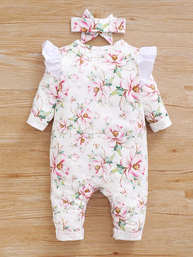 Småbarn Baby Jumpsuit Blomster Print Rundhals Langermet Fluermet Romper & Sløyfe Pannebånd For Jenter