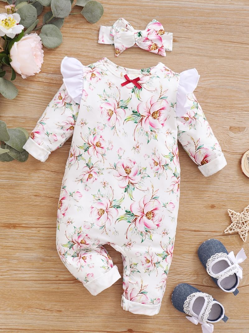 Småbarn Baby Jumpsuit Blomster Print Rundhals Langermet Fluermet Romper & Sløyfe Pannebånd For Jenter