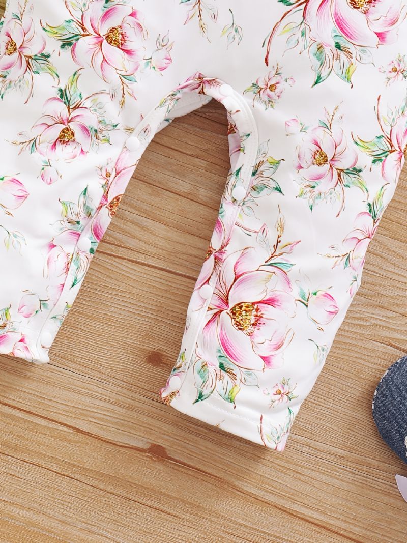 Småbarn Baby Jumpsuit Blomster Print Rundhals Langermet Fluermet Romper & Sløyfe Pannebånd For Jenter