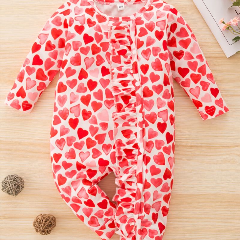 Småbarn Baby Jumpsuit Hjerte Print Rund Hals Langermet Romper For Jenter