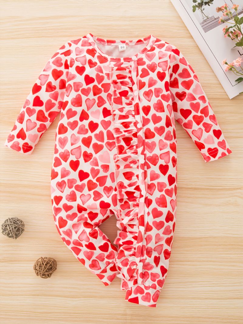 Småbarn Baby Jumpsuit Hjerte Print Rund Hals Langermet Romper For Jenter