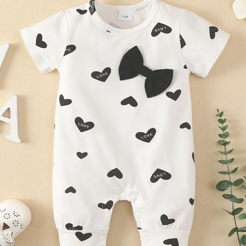 Småbarn Baby Jumpsuit Hjertetrykk Sløyfedekor Rundhals Kortermet Romper For Gutter Jenter