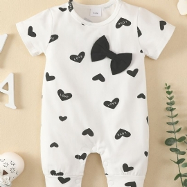 Småbarn Baby Jumpsuit Hjertetrykk Sløyfedekor Rundhals Kortermet Romper For Gutter Jenter