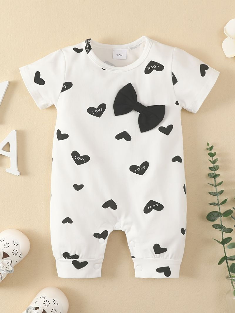 Småbarn Baby Jumpsuit Hjertetrykk Sløyfedekor Rundhals Kortermet Romper For Gutter Jenter