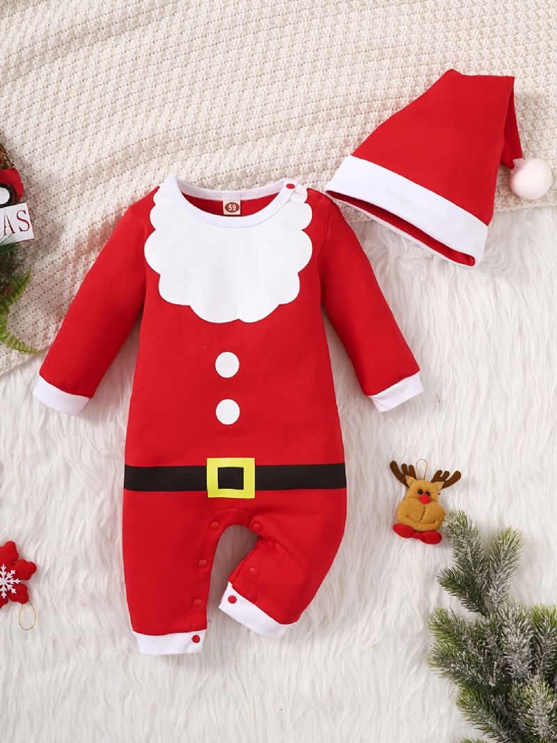 Småbarn Baby Jumpsuit Julenissen Rundhals Langermet Bukse & Lue For Gutter Jenter Juleantrekk