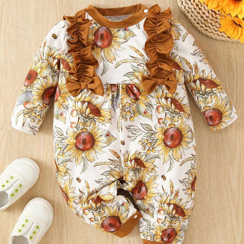 Småbarn Baby Jumpsuit Solsikke Print Rundhals Langermet Romper For Gutter Jenter