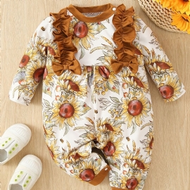 Småbarn Baby Jumpsuit Solsikke Print Rundhals Langermet Romper For Gutter Jenter