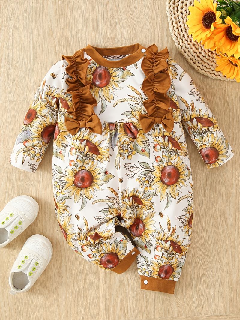 Småbarn Baby Jumpsuit Solsikke Print Rundhals Langermet Romper For Gutter Jenter