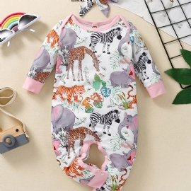 Småbarn Baby Jumpsuit Tegneserie Dyretrykk Rundhals Langermet Romper For Jenter Barneklær