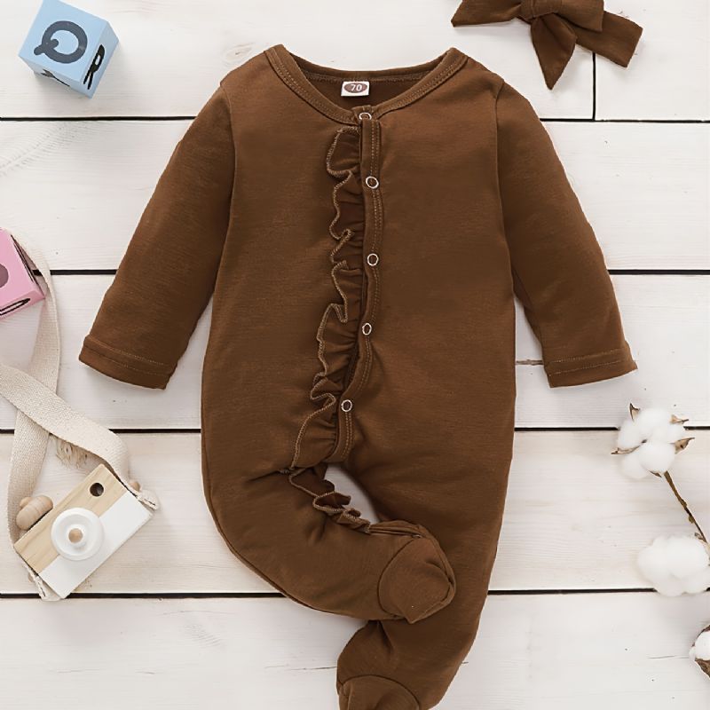 Småbarn Baby Jumpsuit Volang Trim Rund Hals Langermet Bukse Og Pannebånd For Gutter Jenter