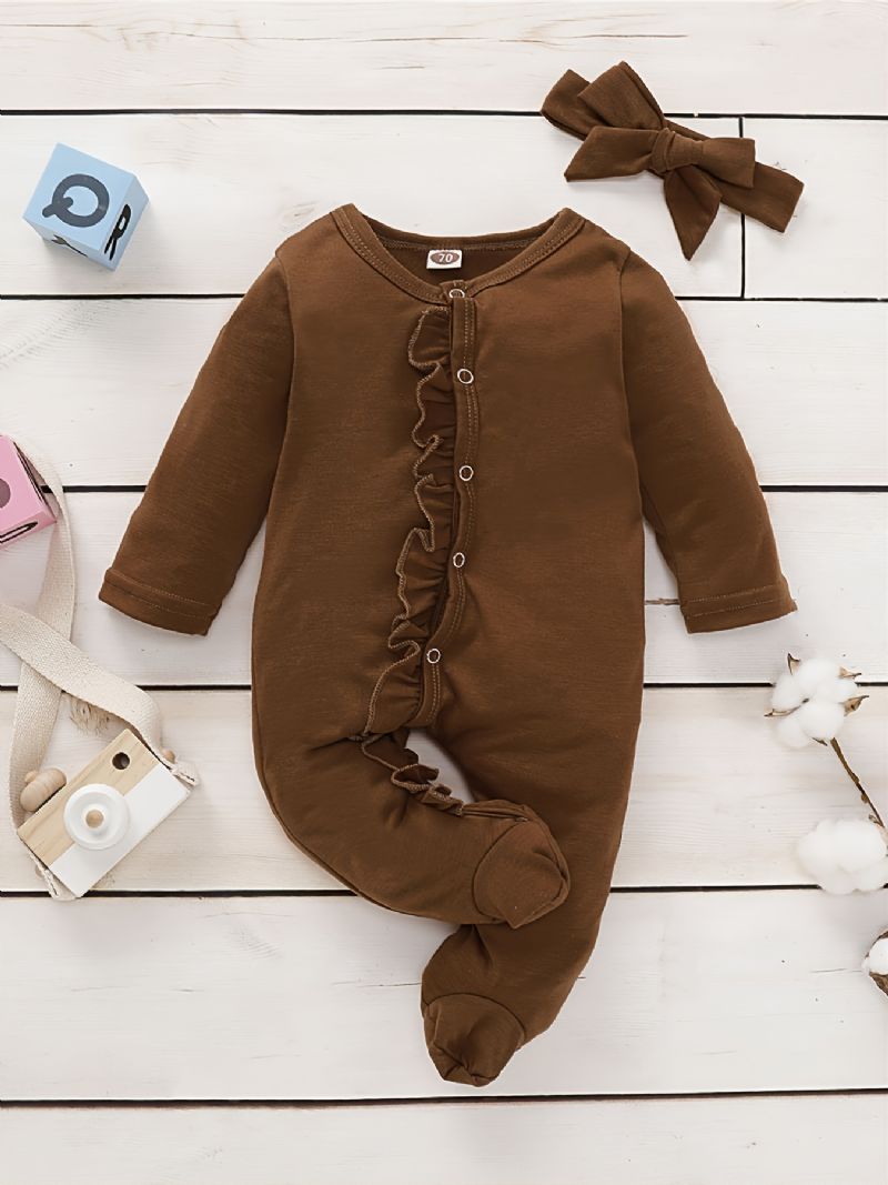 Småbarn Baby Jumpsuit Volang Trim Rund Hals Langermet Bukse Og Pannebånd For Gutter Jenter