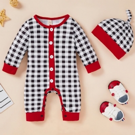 Småbarn Baby Rutete Jumpsuit Rund Hals Langermet Romper & Hat For Gutter Jenter