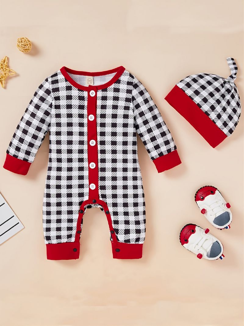 Småbarn Baby Rutete Jumpsuit Rund Hals Langermet Romper & Hat For Gutter Jenter