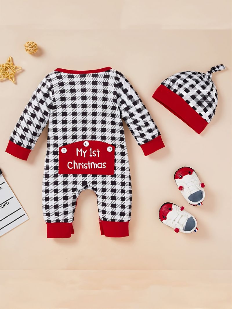 Småbarn Baby Rutete Jumpsuit Rund Hals Langermet Romper & Hat For Gutter Jenter