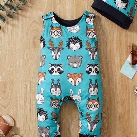 Småbarn Baby Søt Dyre Print Ermeløs Jumpsuit Romper & Hat For Gutter Jenter