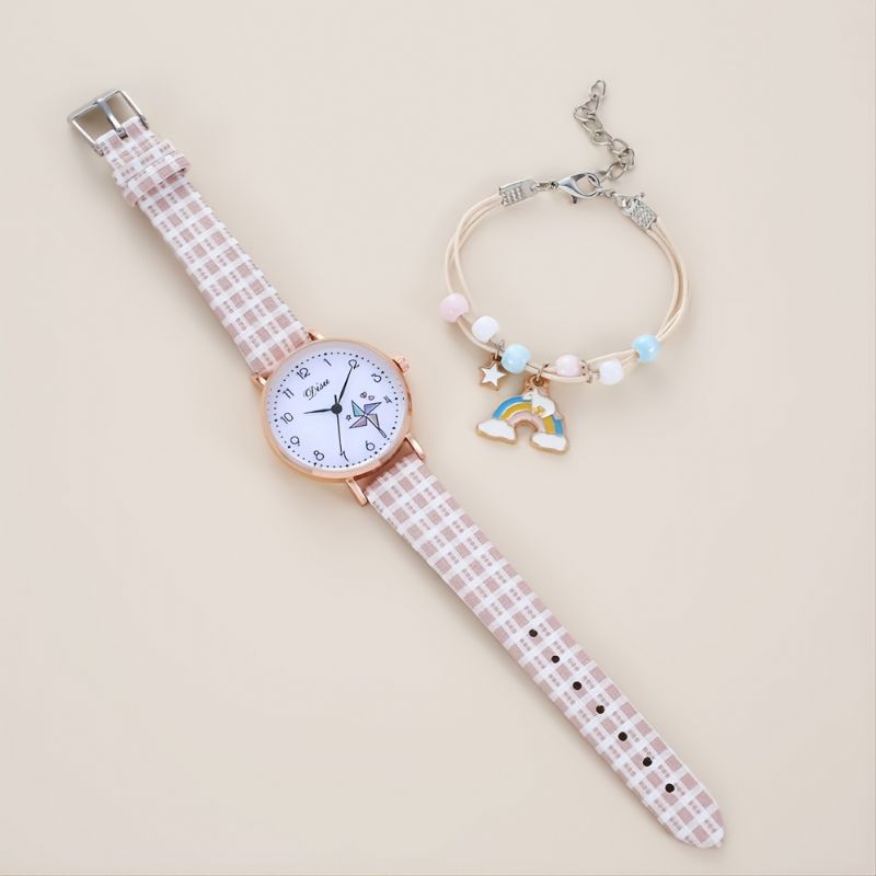 Jenter Moteable Chic Runde Pinwheel Quartz Watch + Small Rainbow Armbånd