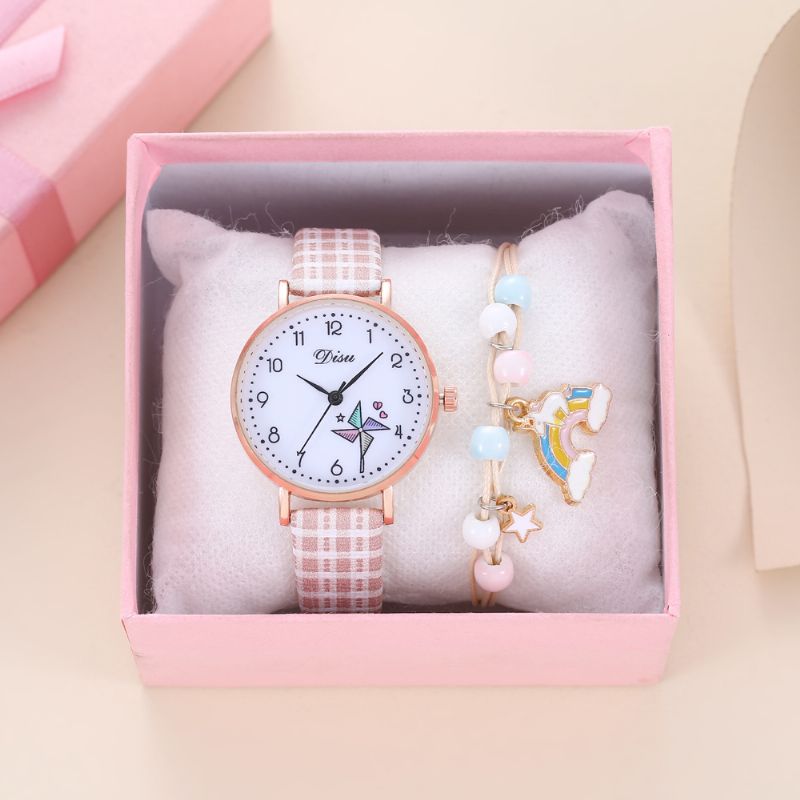 Jenter Moteable Chic Runde Pinwheel Quartz Watch + Small Rainbow Armbånd