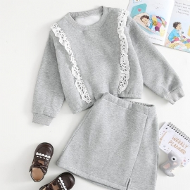 2 Stk Baby Jenter Blonde Trim Pullover Rund Hals Langermet Fleece Varm Genser & Skjørt Sett