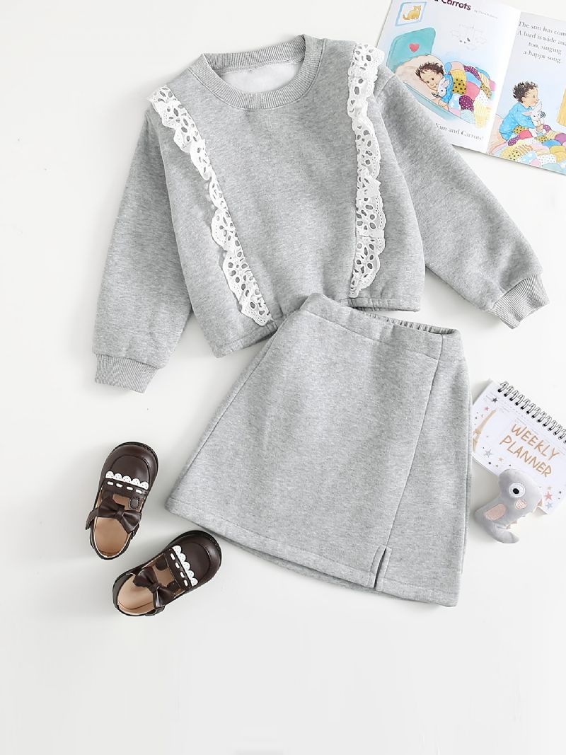 2 Stk Baby Jenter Blonde Trim Pullover Rund Hals Langermet Fleece Varm Genser & Skjørt Sett