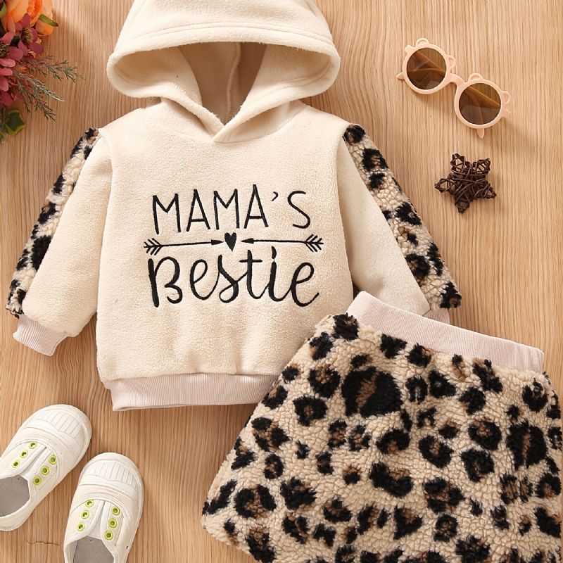 2 Stk Baby Jenter Polar Fleece Hettegenser Leopard Brevbroderi Topp & Skjørtsett Barneklær