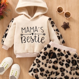 2 Stk Baby Jenter Polar Fleece Hettegenser Leopard Brevbroderi Topp & Skjørtsett Barneklær