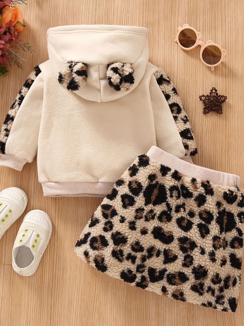 2 Stk Baby Jenter Polar Fleece Hettegenser Leopard Brevbroderi Topp & Skjørtsett Barneklær