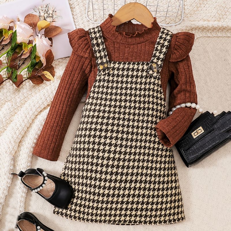 2 Stk Jenter Elegant Sweet Houndstooth Tweed Suspender-skjørt Og Volanggensersett Til Vinterfest
