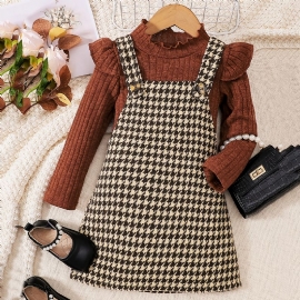 2 Stk Jenter Elegant Sweet Houndstooth Tweed Suspender-skjørt Og Volanggensersett Til Vinterfest