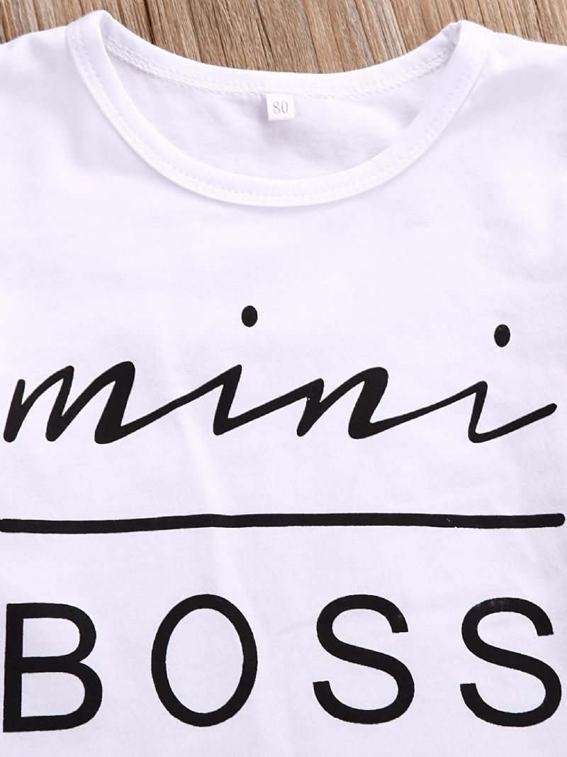 2 Stk Jenter Mini Boss Letter Print Kortermet T-skjorte Svart Pu Lær Skjørt Sett Klær