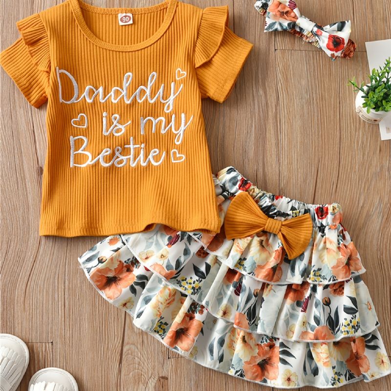 Jenter Søt Ruffled Topp Med Daddy Is My Bestie Print & Sløyfe Plissert Lagdelt Skjørt Med Blomstertrykk Til Fest