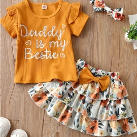 Jenter Søt Ruffled Topp Med Daddy Is My Bestie Print & Sløyfe Plissert Lagdelt Skjørt Med Blomstertrykk Til Fest