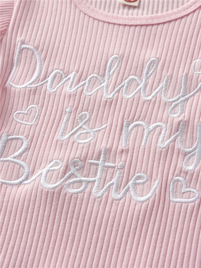 Jenter Søt Ruffled Topp Med Daddy Is My Bestie Print & Sløyfe Plissert Lagdelt Skjørt Med Blomstertrykk Til Fest