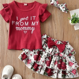 Jenter Søt Ruffled Topp Med I Got It From My Mommy Print & Sløyfe Plissert Lagdelt Skjørt Med Rosetrykk Til Fest