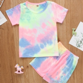 2 Stk Baby Gutter & Jenter Rainbow Color Tie Dye Kortermet Skjorte Topp & Shorts Klessett