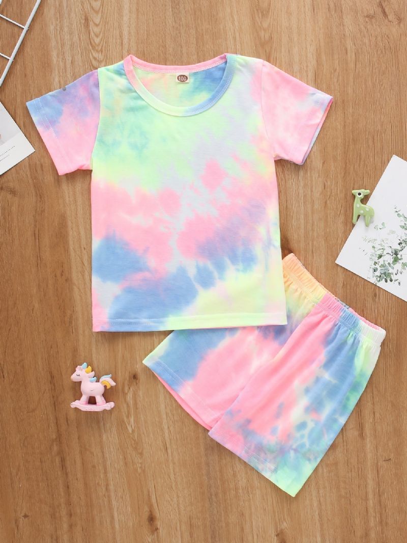 2 Stk Baby Gutter & Jenter Rainbow Color Tie Dye Kortermet Skjorte Topp & Shorts Klessett