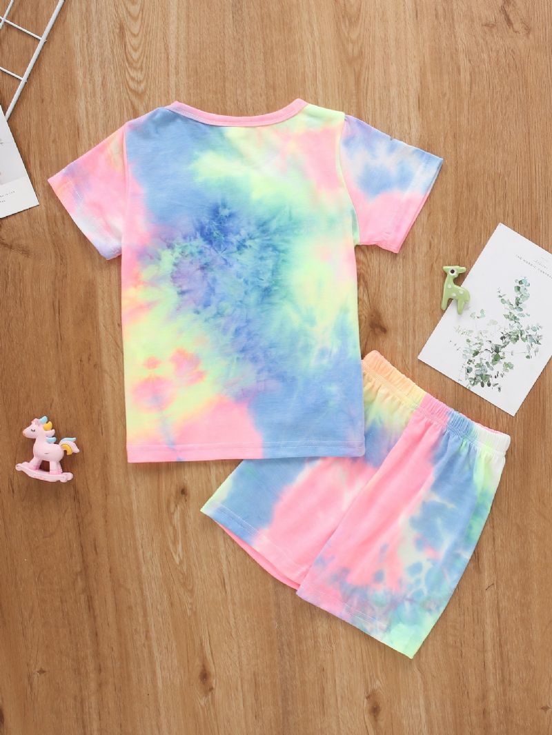 2 Stk Baby Gutter & Jenter Rainbow Color Tie Dye Kortermet Skjorte Topp & Shorts Klessett