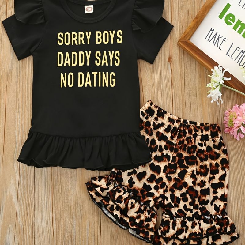 2stk Jenter Letter Print Kortermet Skjorte Topp Leopard Shorts Set Klær