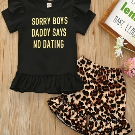 2stk Jenter Letter Print Kortermet Skjorte Topp Leopard Shorts Set Klær