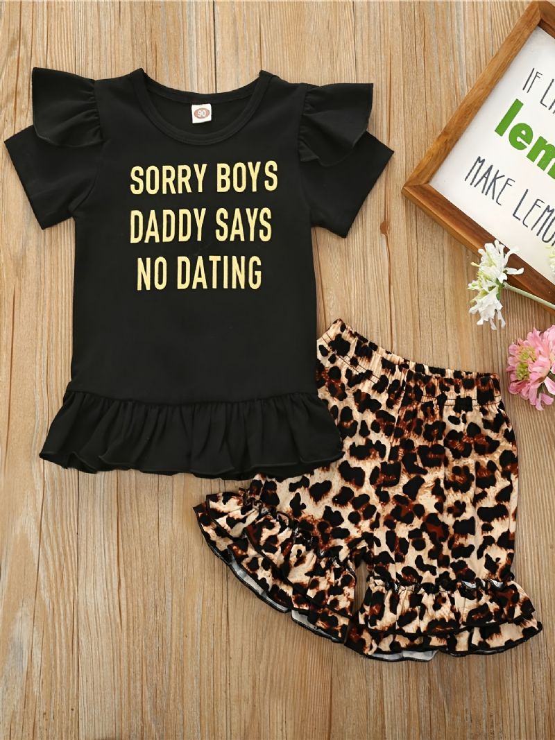 2stk Jenter Letter Print Kortermet Skjorte Topp Leopard Shorts Set Klær