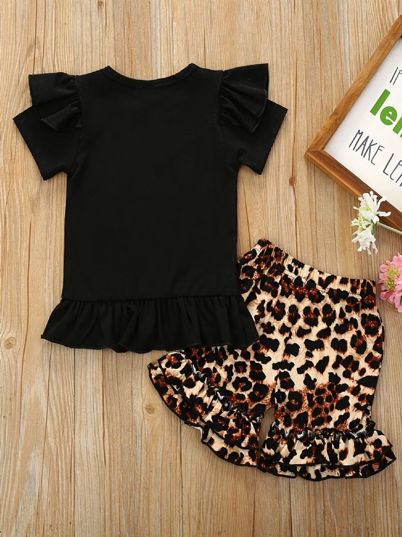 2stk Jenter Letter Print Kortermet Skjorte Topp Leopard Shorts Set Klær